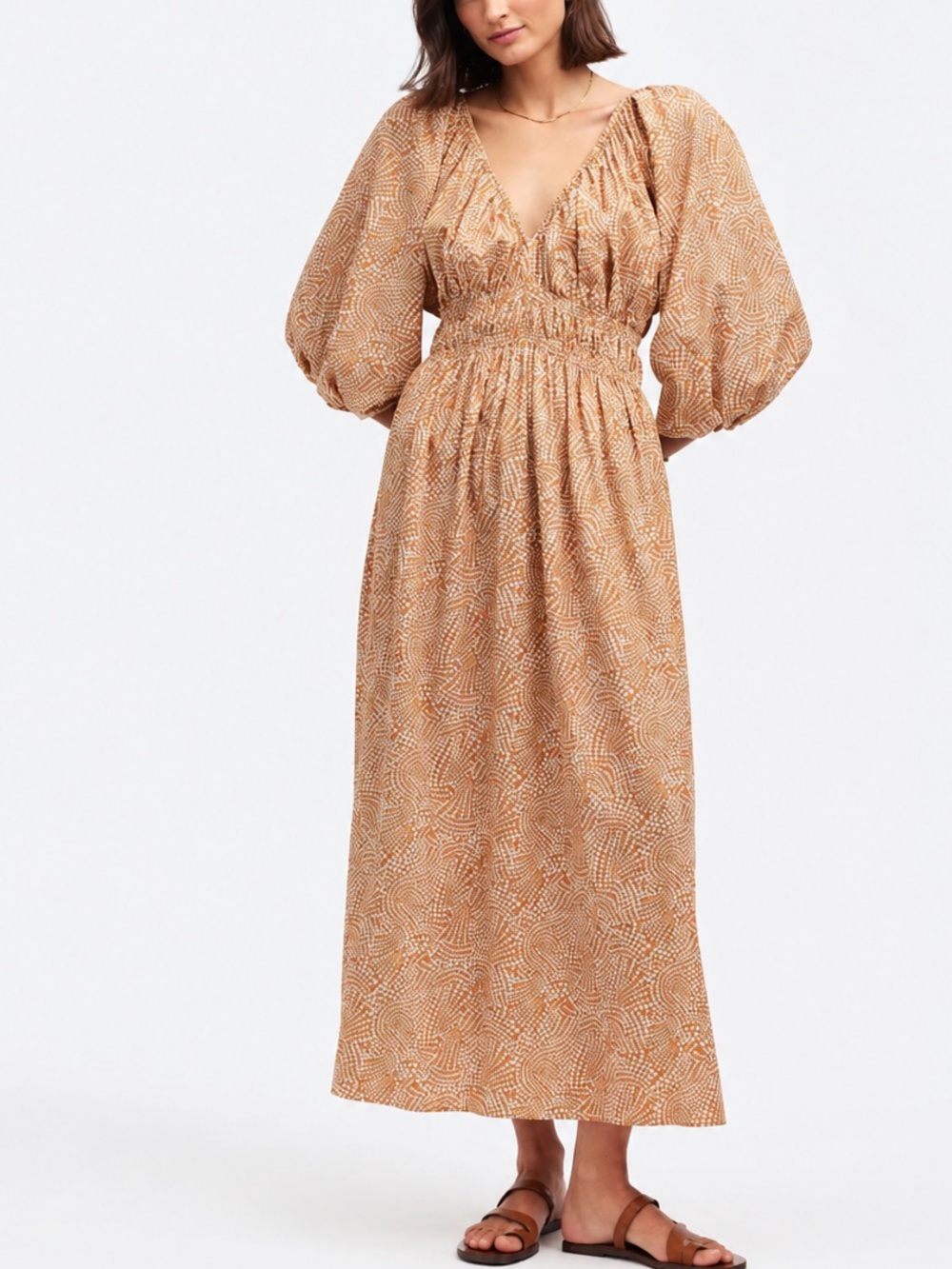 Madewell NWT Maxi Dress Brown Abstract Dot Smocked Puff Sleeve Boho Size 8